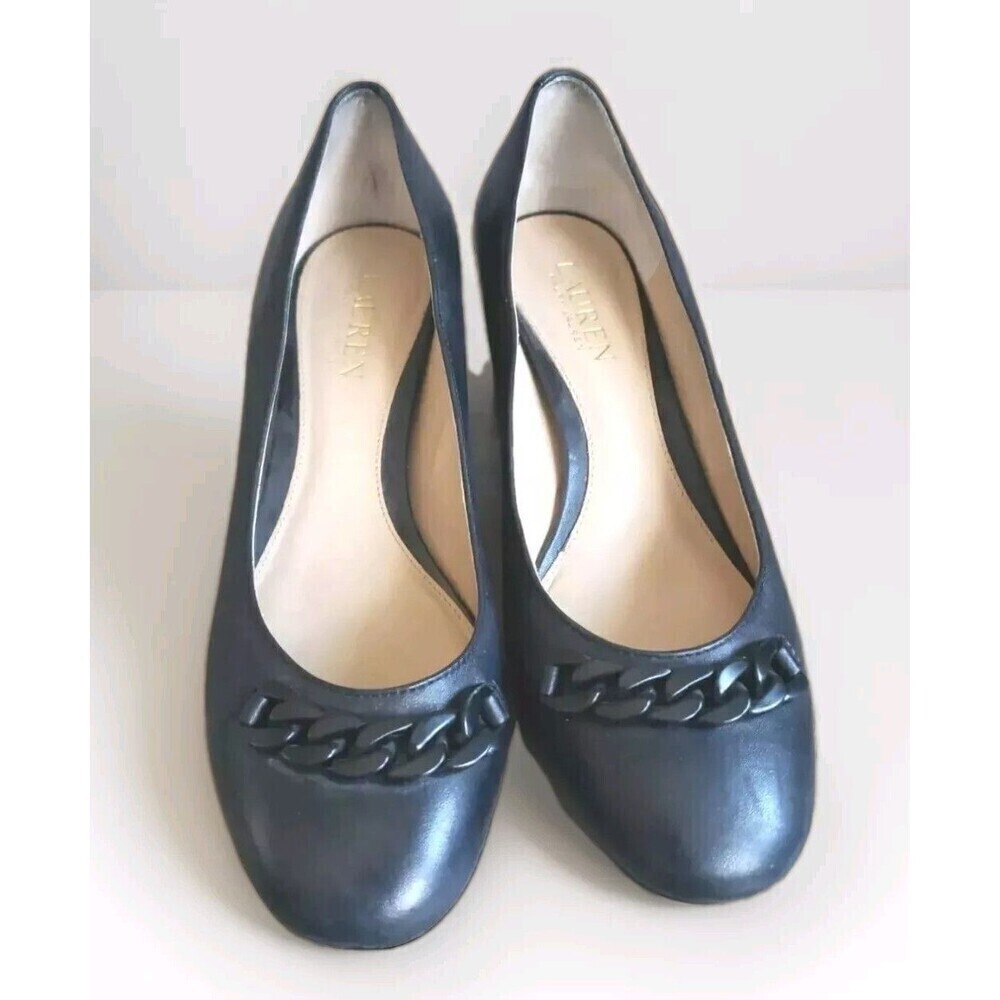 Lauren Ralph Lauren Heels Womens Size 7.5 Black Cow Leather Chain Detail Jacksen